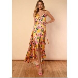 Anthropologie Hutch Tropical Fruit Slip Maxi Wrap Dress Leg Slit M Beach Resort